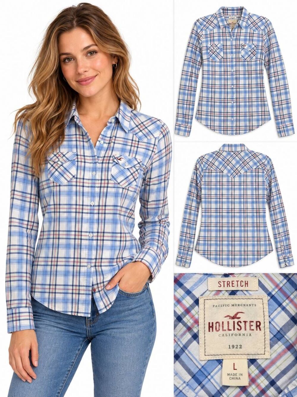 Hollister L Blue Plaid Stretch Western Button Shirt